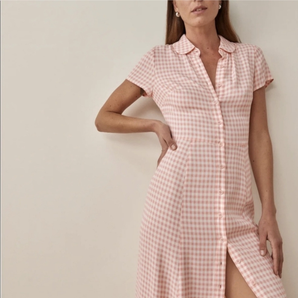 Reformation Wilma gingham dress in blush Pink size 4 NWT - Picture 4 of 10